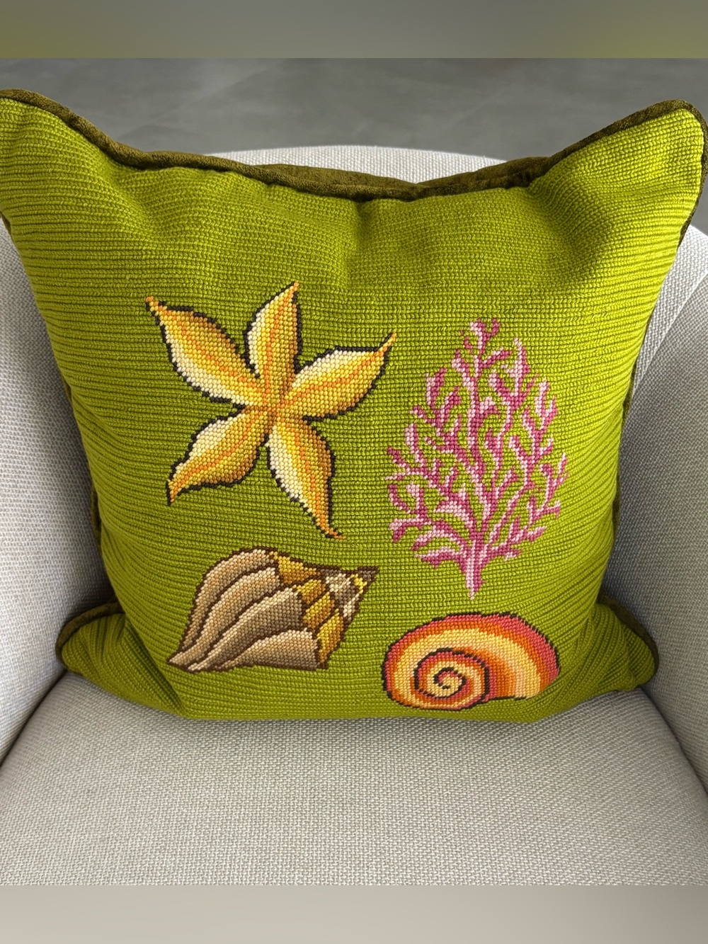 Custom Green Needlepoint 18”x18” Zipper Pillow Shells Velvet Back Feather Insert